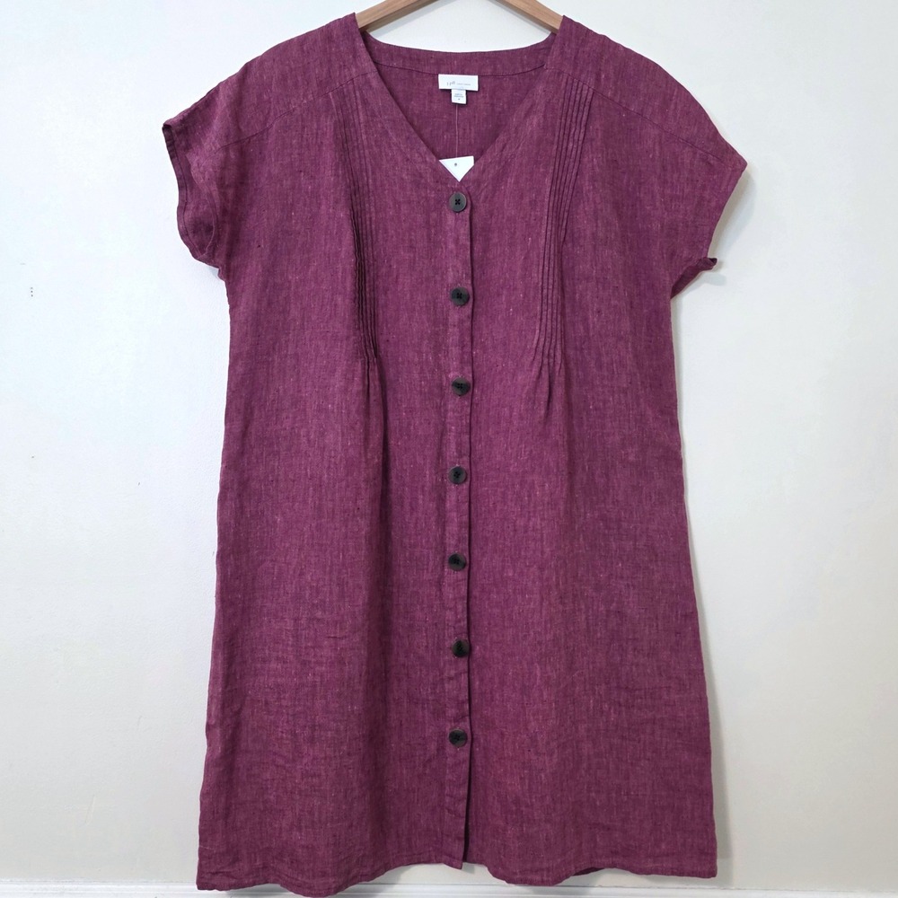 J Jill Love Linen Button Front Pintuck Dress Sz M Boxy Coastal Shift Lagenlook - Picture 2 of 13